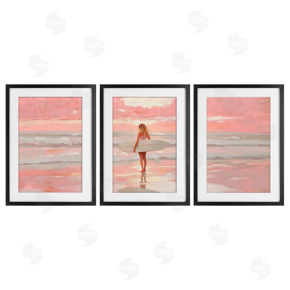 LSR Design Studio Pink Sky Surfer Sunrise Black Framed Print Under Glass Wall Art