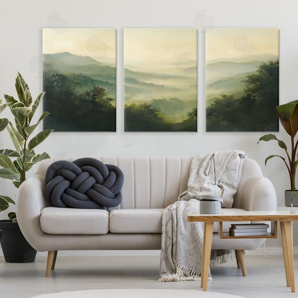 Petal Prints Design Through The Haze Mountain Panorama Stretched Canvas Wall Art in Room