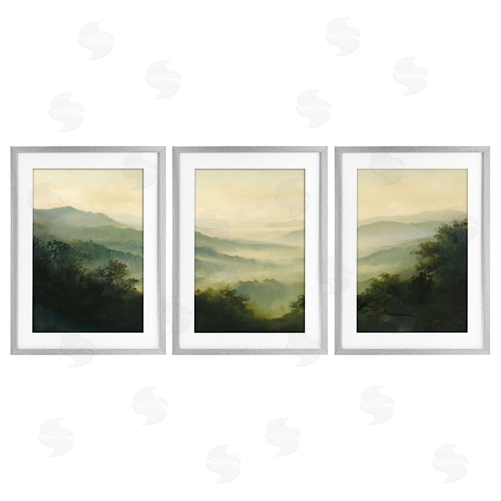 Petal Prints Design Through The Haze Mountain Panorama Gray Framed Print Under Glass Wall Art