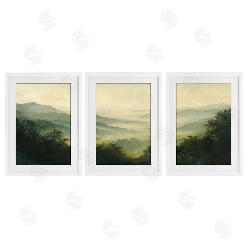 Petal Prints Design Through The Haze Mountain Panorama White Framed Print Under Glass Wall Art