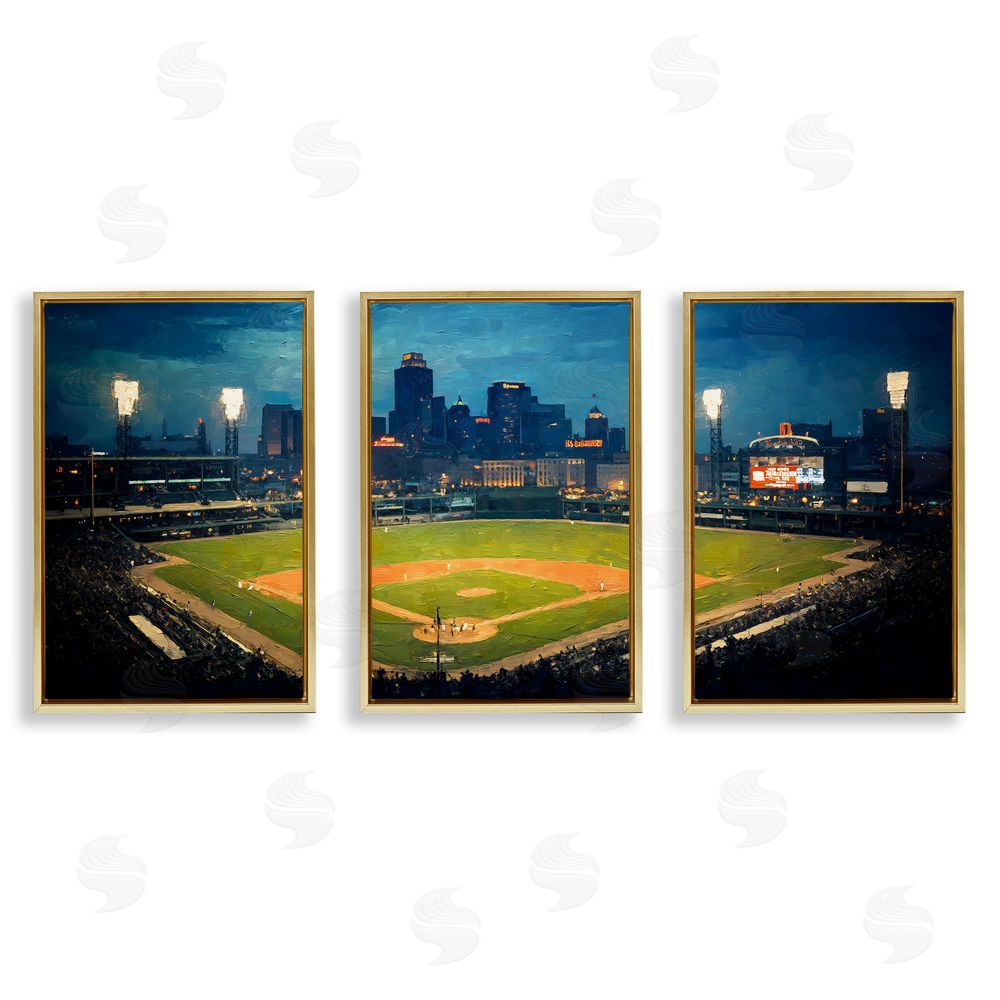 Arlington Prints Baseball Stadium Night View Gold Floating Frame Canvas Wall Art Print