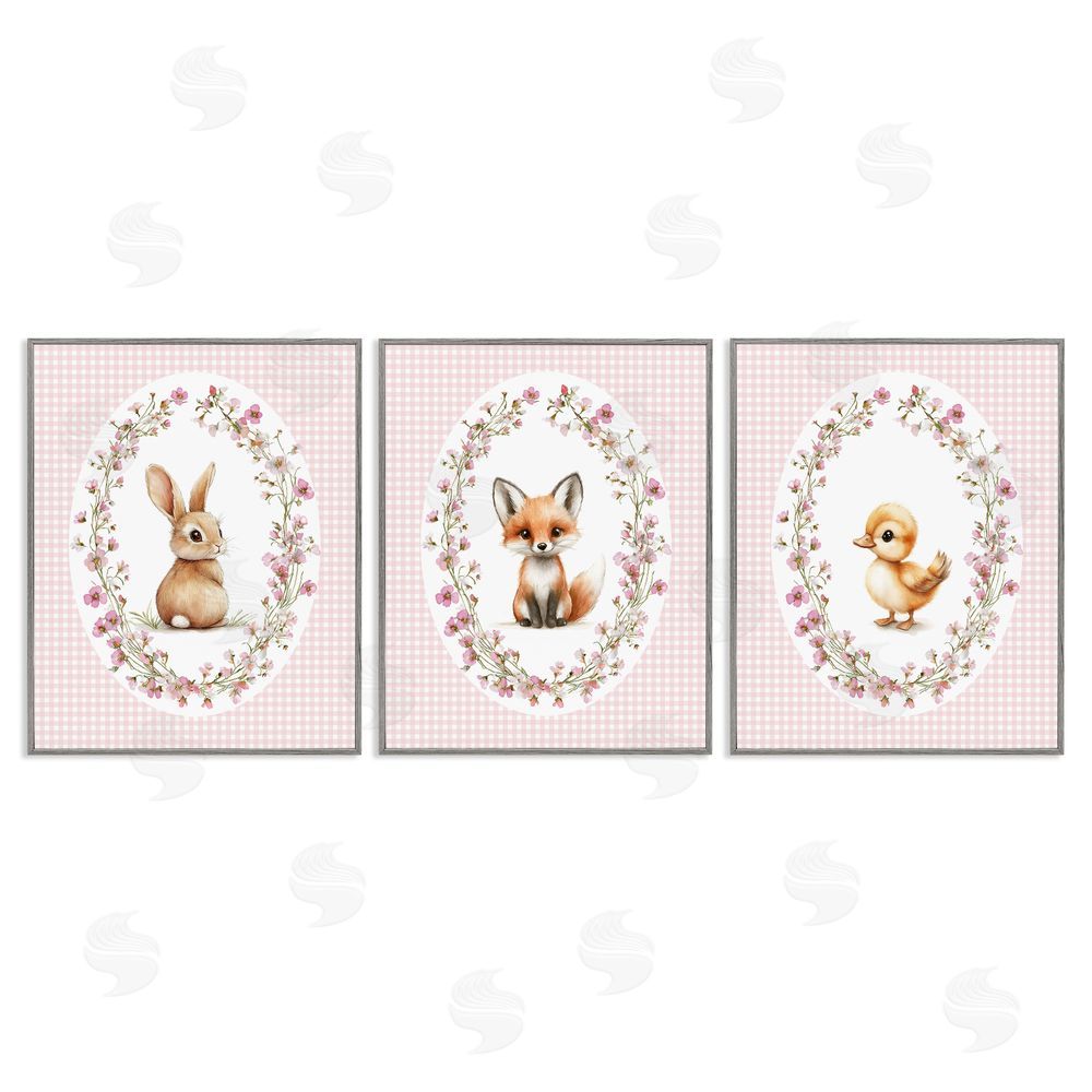 Christine Simpson Art Spring Gingham Animals Gray Framed Giclee Wall Art Print