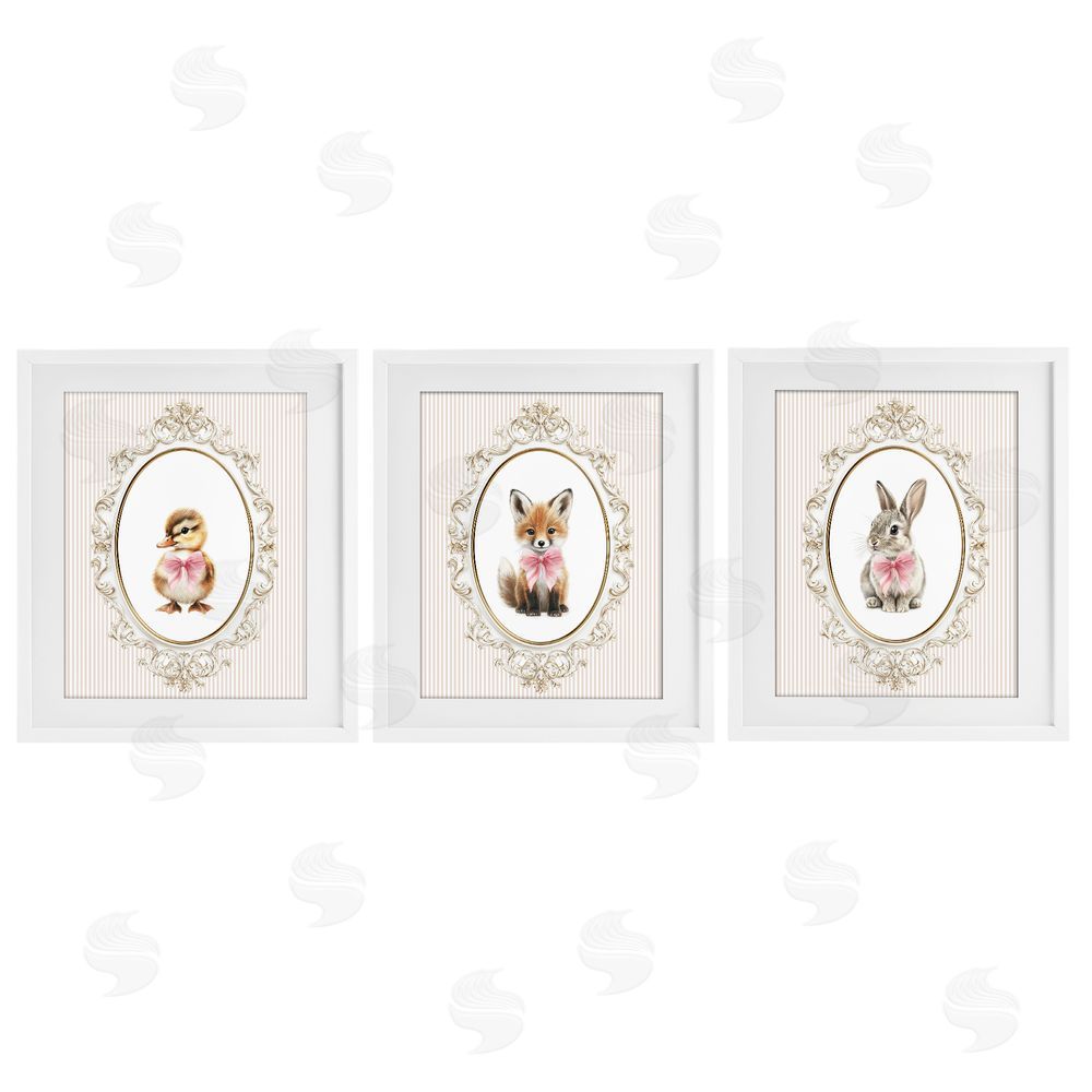 Christine Simpson Art Vintage Animals with Ornate Design White Framed Print Under Glass with White Mat Wall Art