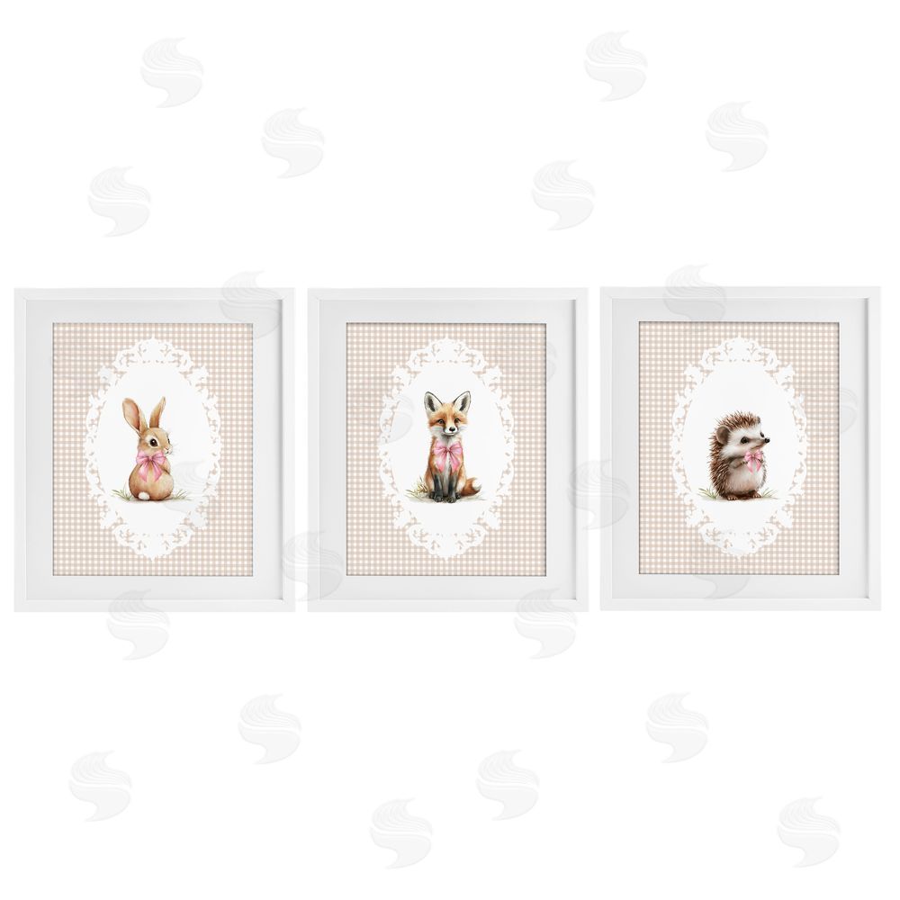 Christine Simpson Art Vintage Baby Bow Animals White Framed Print Under Glass Wall Art