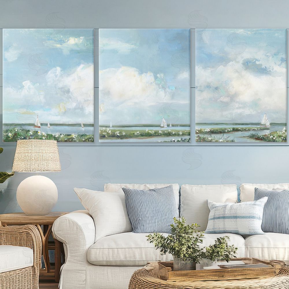 Sally Swatland Daisies Along Calm Coastline Stretched Canvas Wall Art in Room