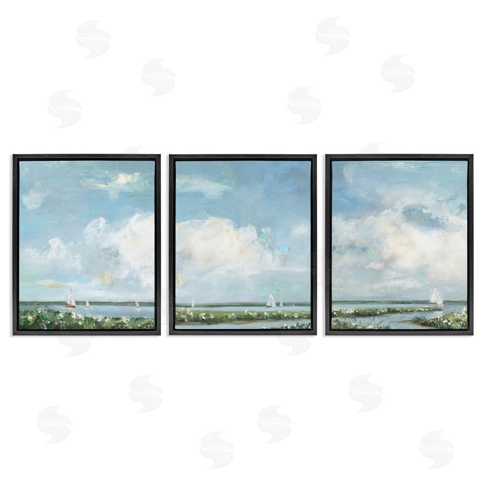 Sally Swatland Daisies Along Calm Coastline Black Floating Frame Canvas Wall Art Print