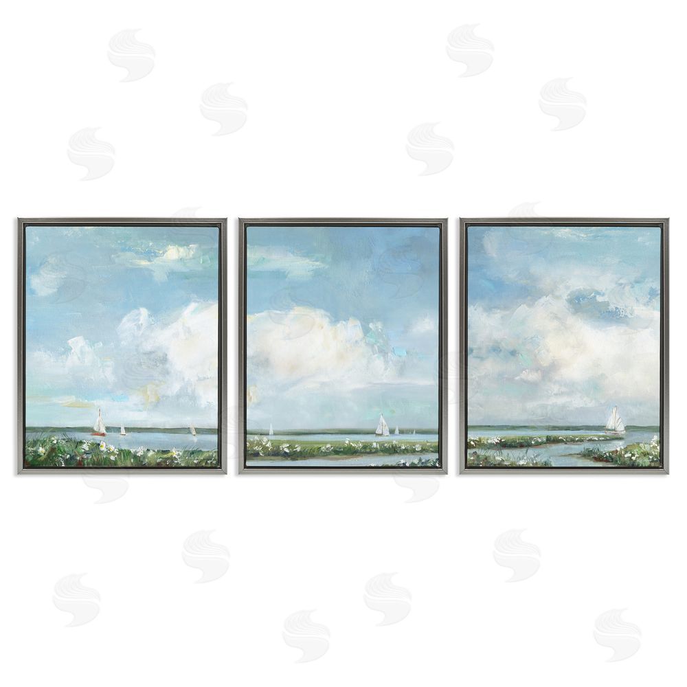 Sally Swatland Daisies Along Calm Coastline Gray Floating Frame Canvas Wall Art Print