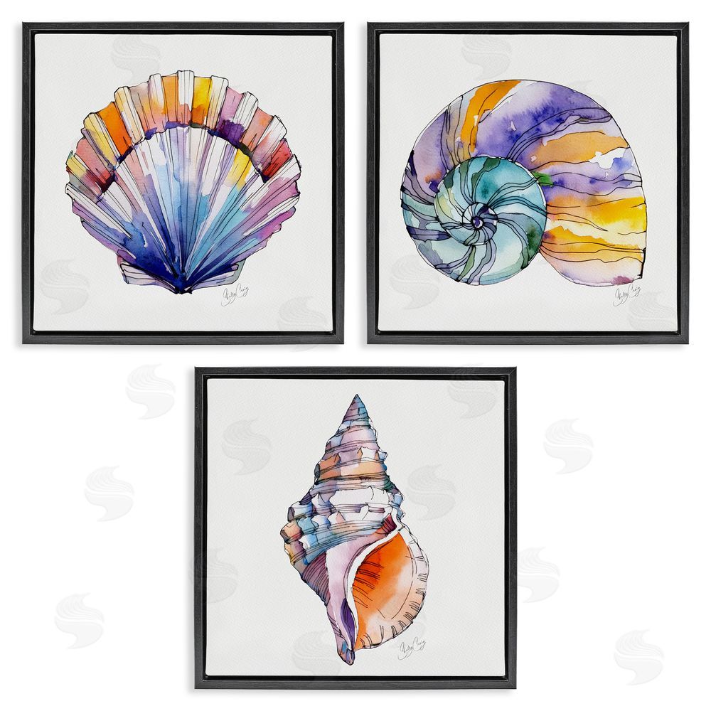 Shelly Craig Sunlit Seashells Watercolors Black Floating Frame Canvas Wall Art Print