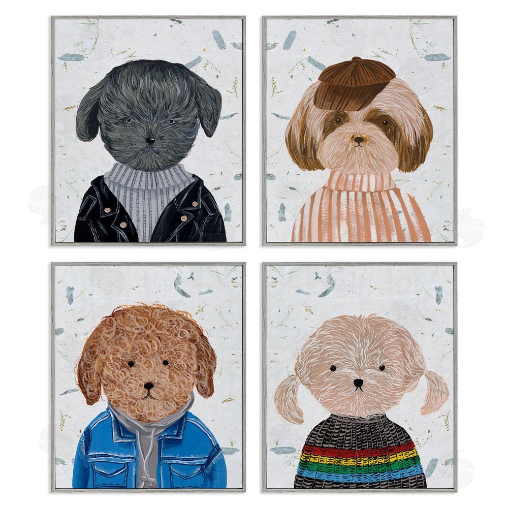 Melissa Wang Hipster Dogs Funny Animal Paintings Gray Framed Giclee Wall Art Print
