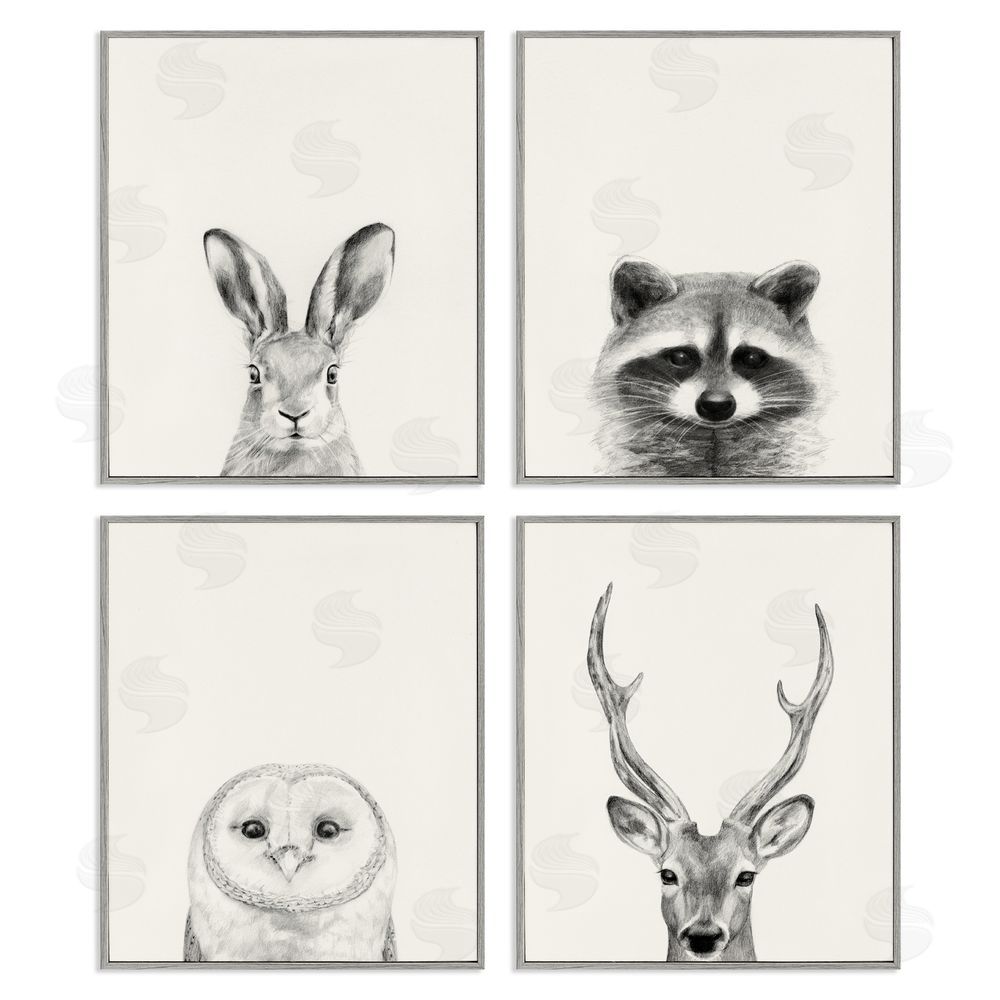 Victoria Borges Woodland Animals Portrait Grey Drawing Gray Framed Giclee Wall Art Print