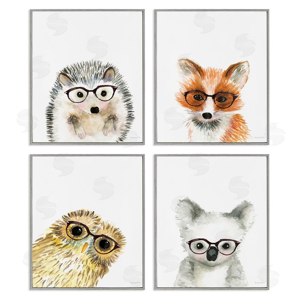 Mercedes Lopez Charro Adorable Forest Animals with Glasses Gray Framed Giclee Wall Art Print