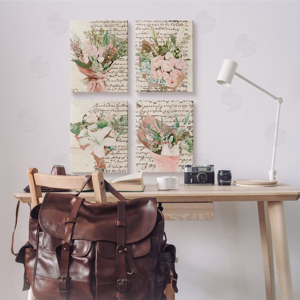 Melissa Wang Quaint Pink Flowers Vintage Brown Script Canvas Wall Art Print in Room