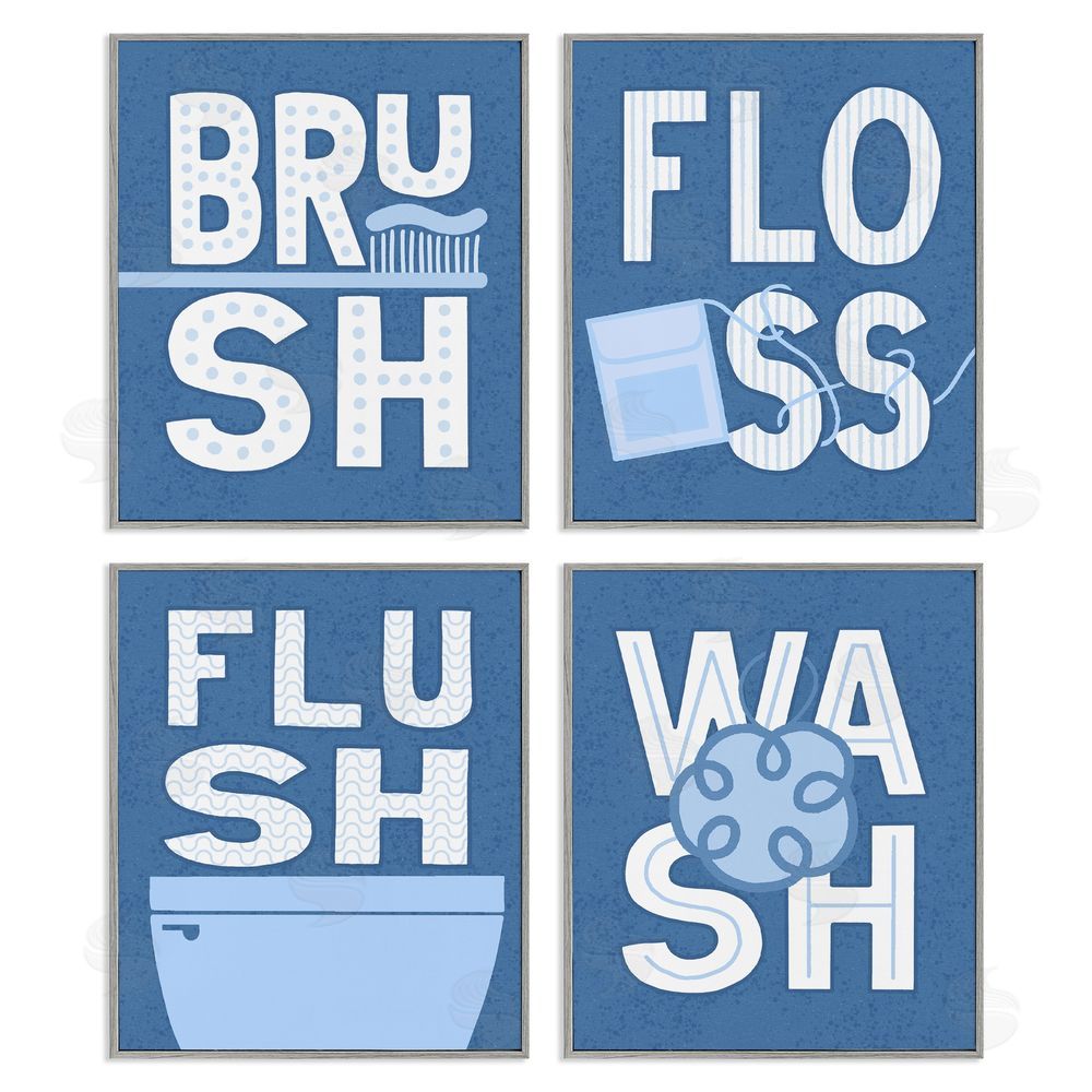 Raye Allison Creations Flush & Floss Bathroom Hygiene Chores Gray Framed Giclee Wall Art Print
