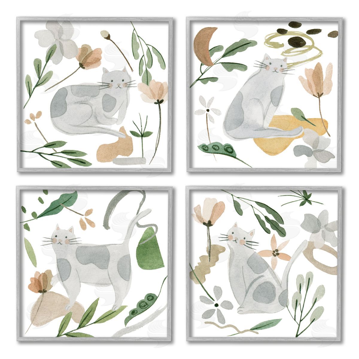 Melissa Wang Happy Cat Botanical Collage Gray Framed Giclee Wall Art Print