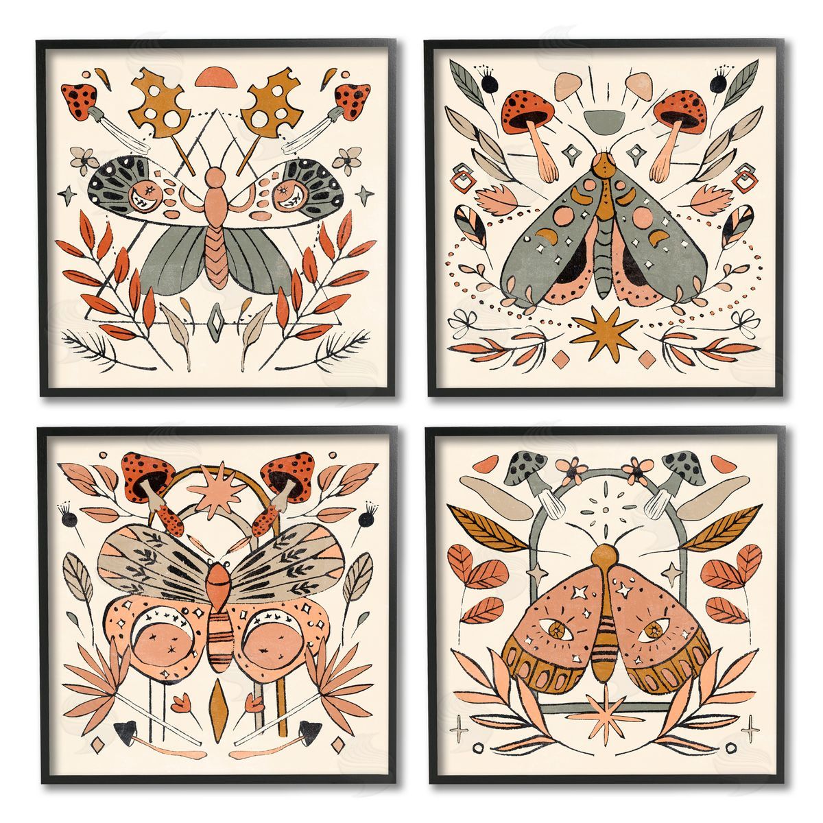Melissa Wang Cottage Moths & Mushrooms Black Framed Giclee Wall Art Print
