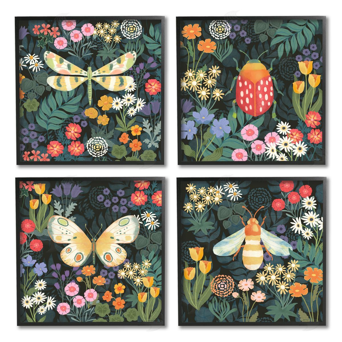 Jennifer Brinley rep. Levison Designs Insects Among Wildflowers Black Framed Giclee Wall Art Print