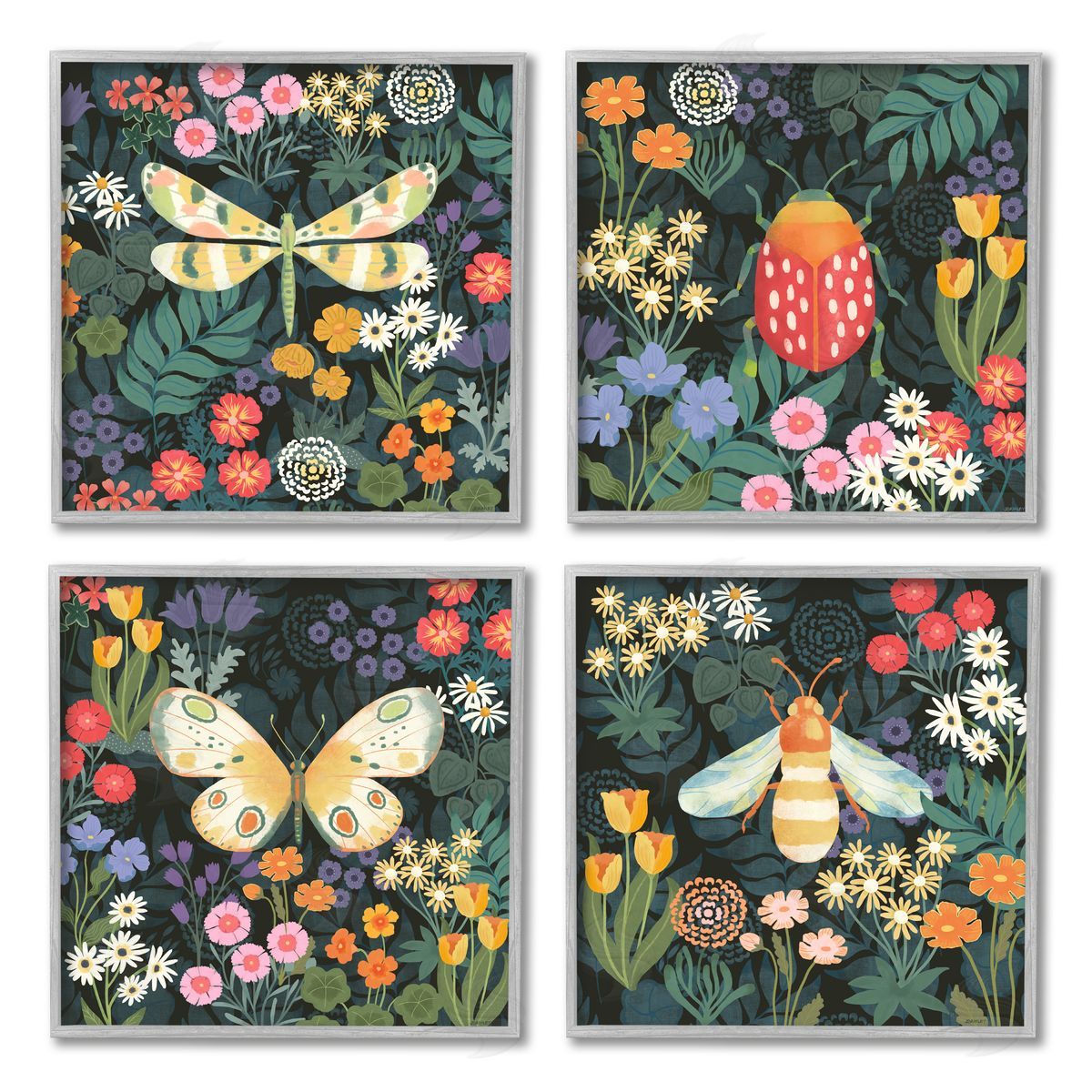 Jennifer Brinley rep. Levison Designs Insects Among Wildflowers Gray Framed Giclee Wall Art Print