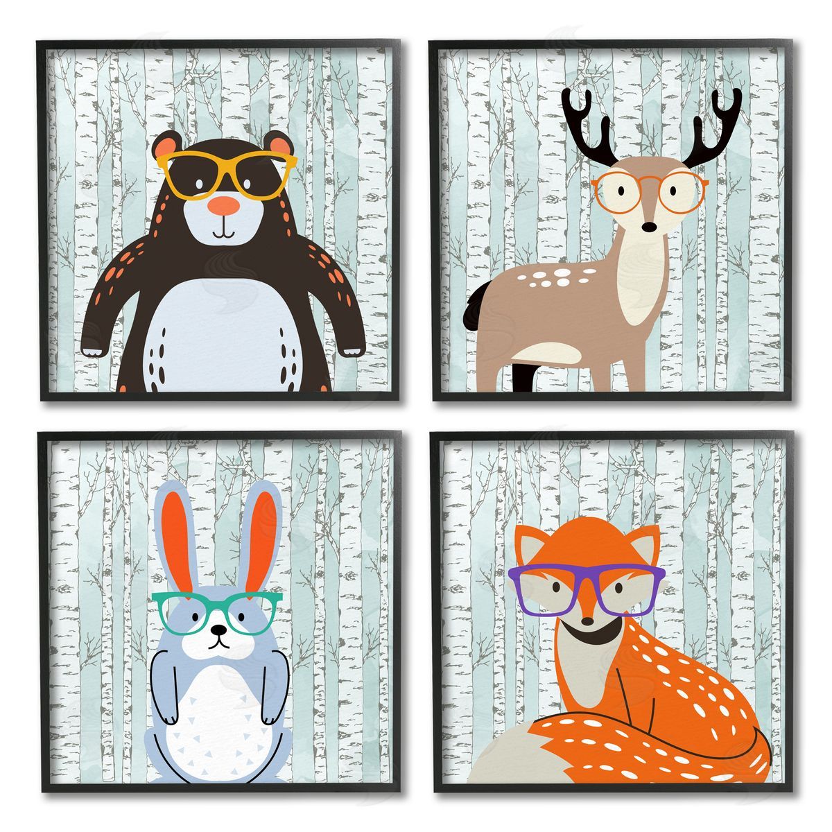 Kim Allen Woodland Animals in Glasses Black Framed Giclee Wall Art Print