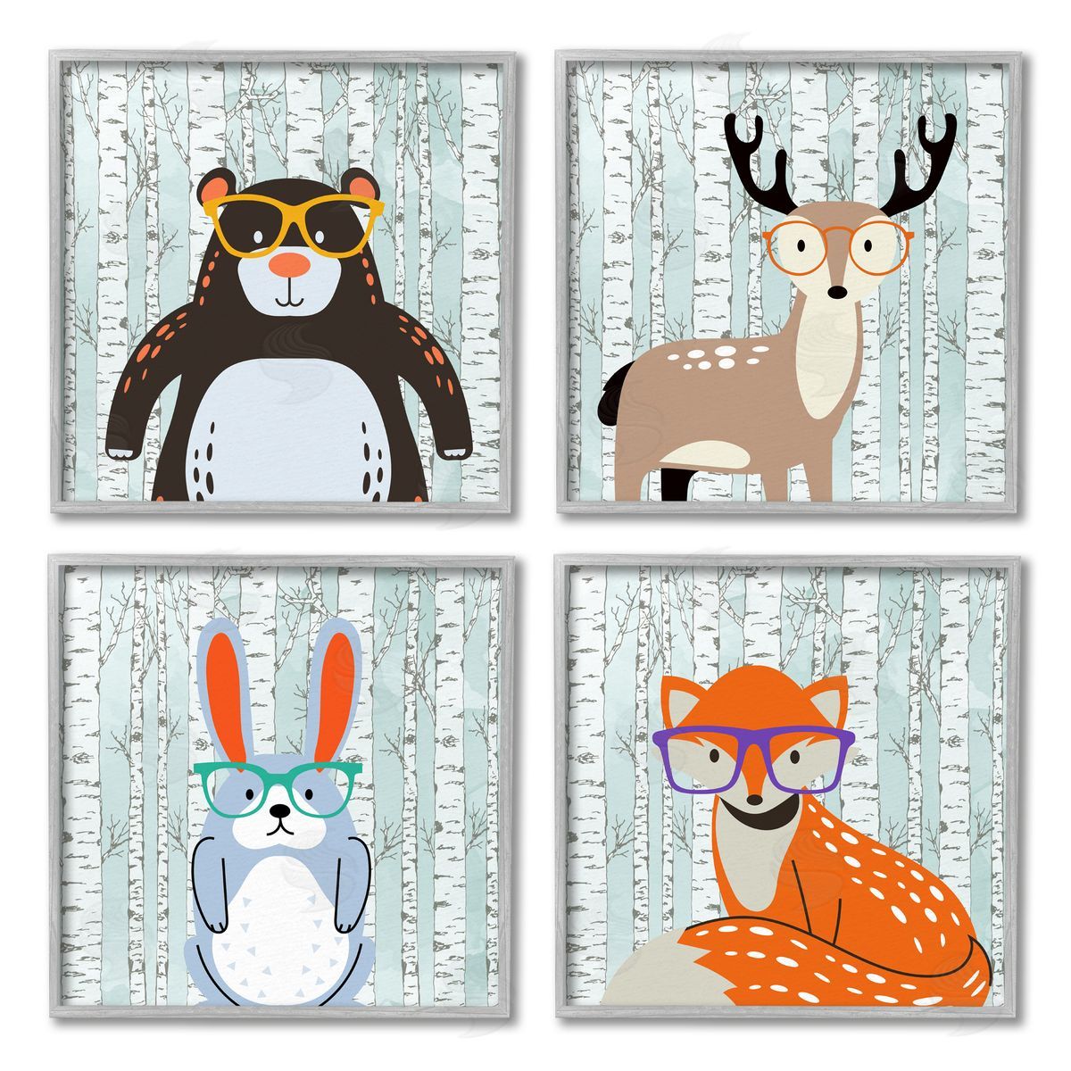 Kim Allen Woodland Animals in Glasses Gray Framed Giclee Wall Art Print