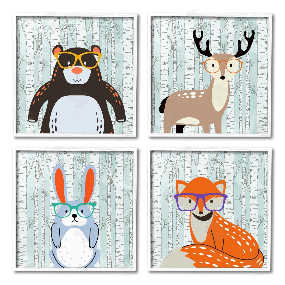 Kim Allen Woodland Animals in Glasses White Framed Giclee Wall Art Print