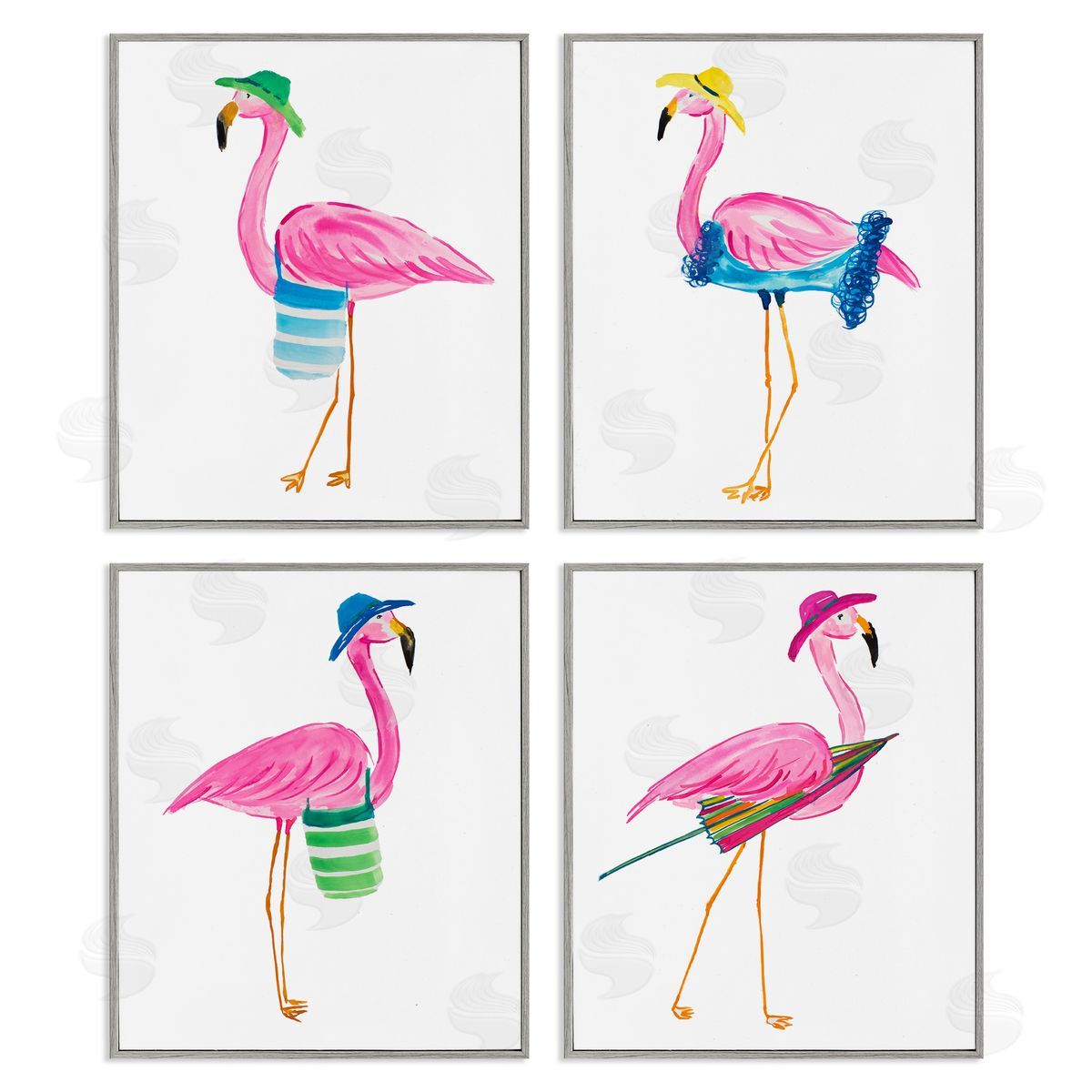 Fun Beach Flamingos Grey Frame Print Wall Art, Home Decor by Julie DeRice