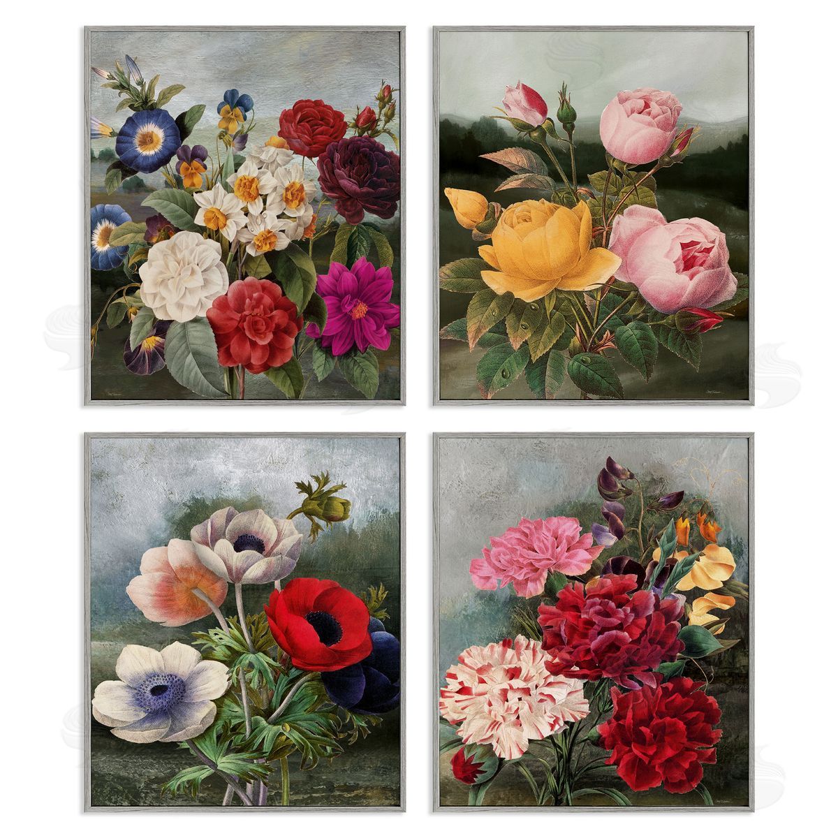 Vintage Cottage Blooms Grey Frame Print Wall Art, Home Decor by Carol Robinson