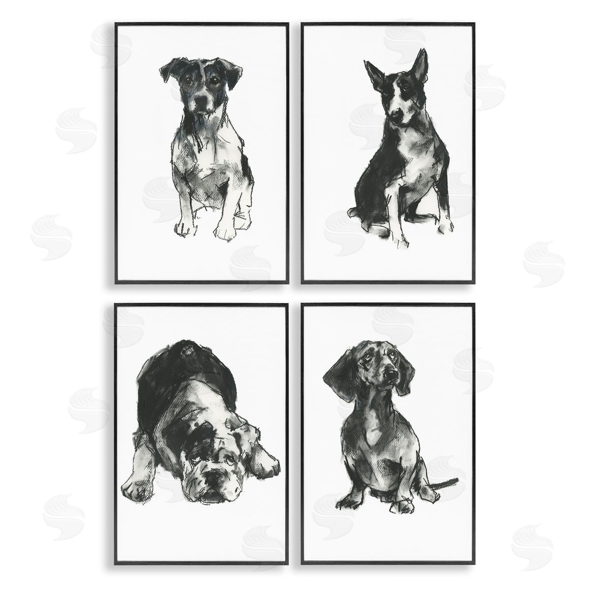 Traditional Dog Sketches Black Frame Print Wall Art, Home Decor by Cartissi