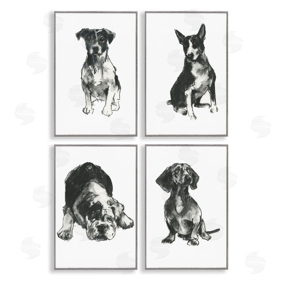 Traditional Dog Sketches Grey Frame Print Wall Art, Home Decor by Cartissi