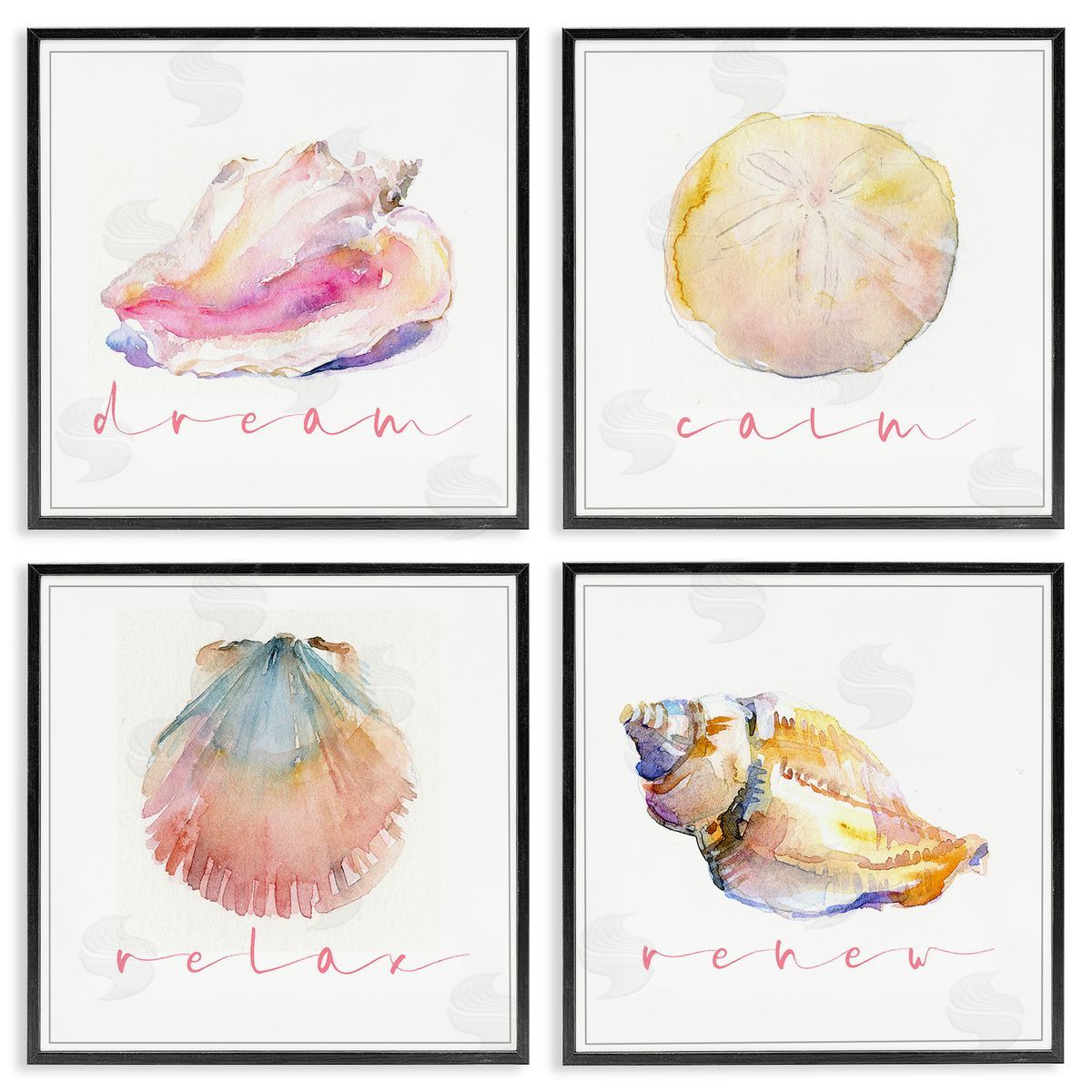 John Keeling Watercolor Seashells with Phrases Black Framed Giclee Wall Art Print