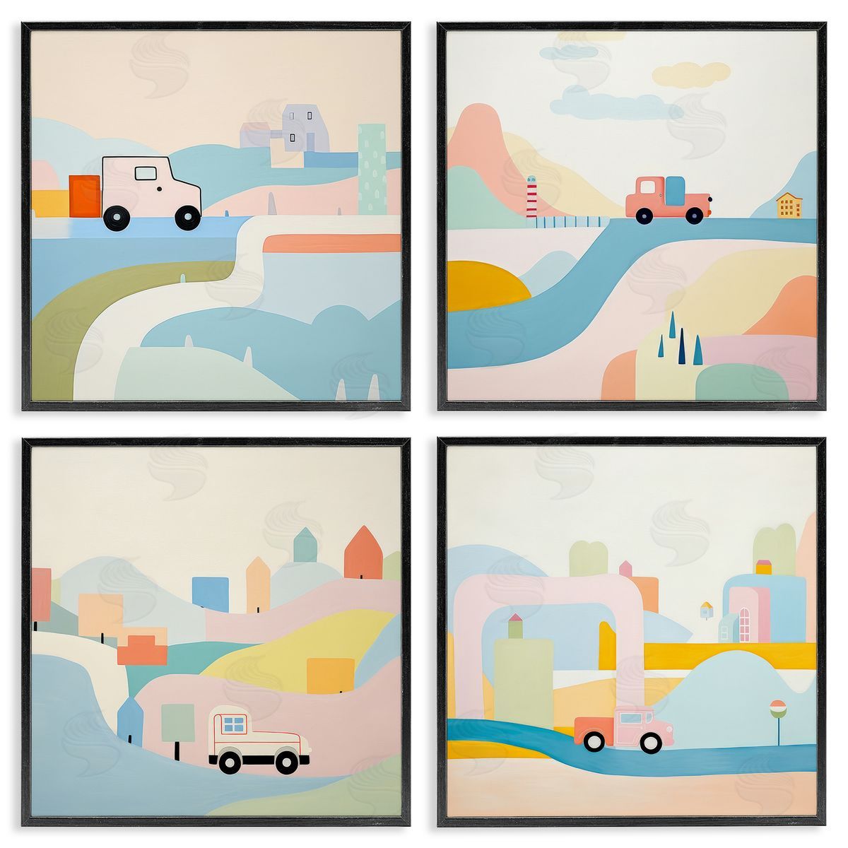Pastel Whimsical Landscapes Black Frame Print Wall Art, Home Decor by Lazar Studio