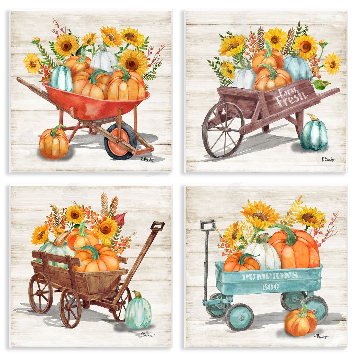 Autumn Harvest Wagons Wood Plaque Wall Art, Home Decor by Paul Brent