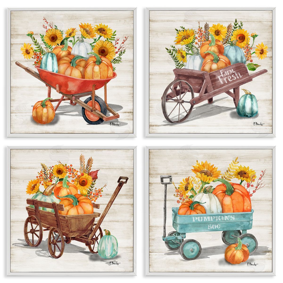 Autumn Harvest Wagons White Frame Print Wall Art, Home Decor by Paul Brent