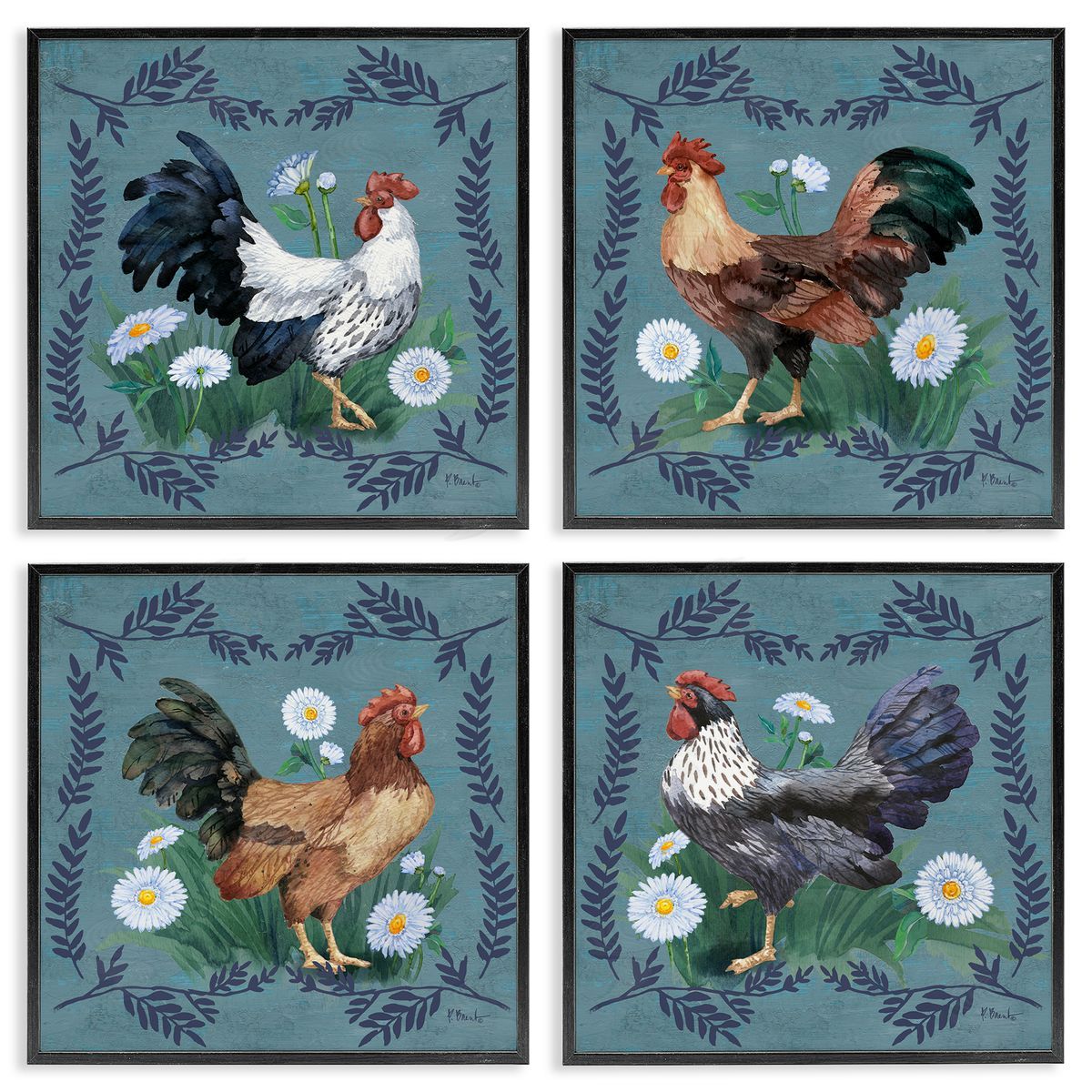 Paul Brent Country Ferns & Roosters Black Framed Giclee Wall Art Print
