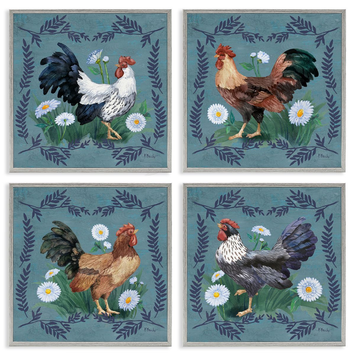 Paul Brent Country Ferns & Roosters Gray Framed Giclee Wall Art Print