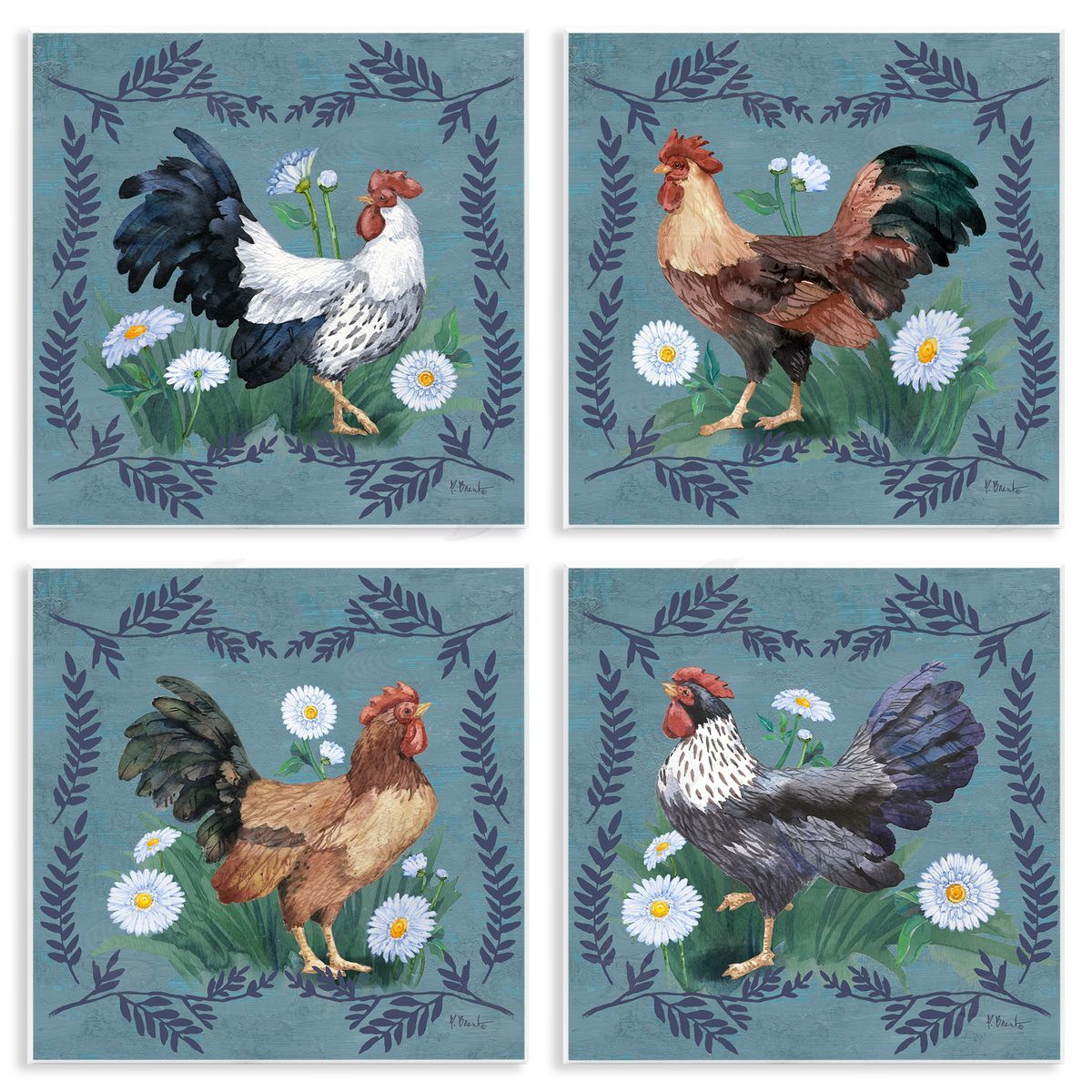 Paul Brent Country Ferns & Roosters Wooden Wall Plaque Art Print