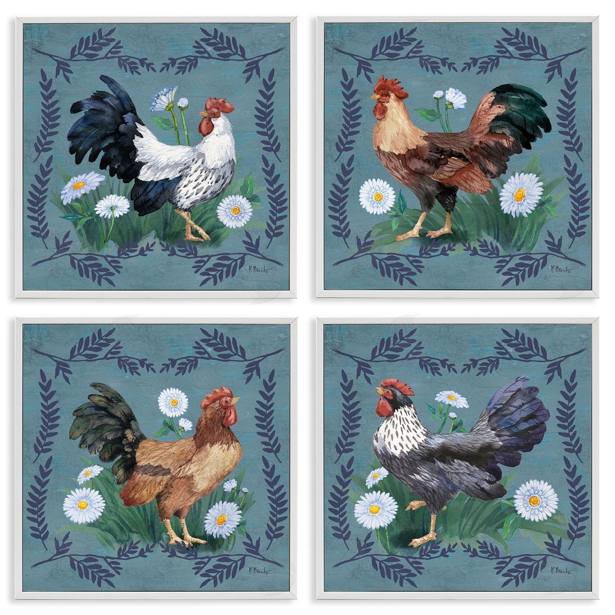 Paul Brent Country Ferns & Roosters White Framed Giclee Wall Art Print