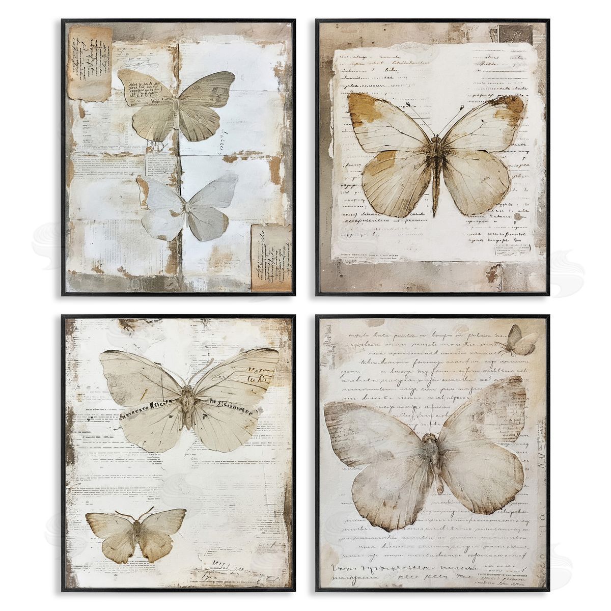 Neutral Vintage Butterflies Black Frame Print Wall Art, Home Decor by RileyB