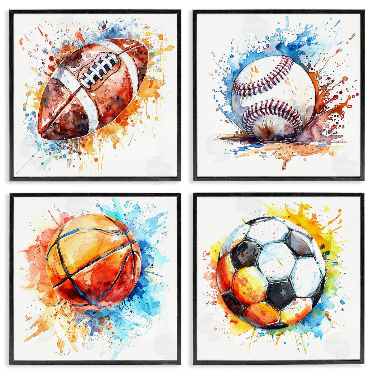 Modern Splash Sports Balls Black Frame Print Wall Art, Home Decor by LSR Design Studio