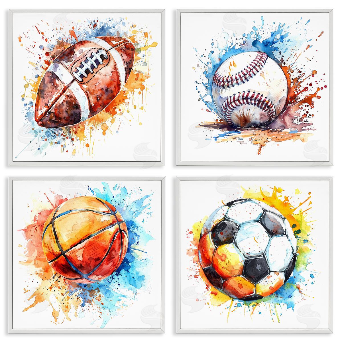 Modern Splash Sports Balls White Frame Print Wall Art, Home Decor by LSR Design Studio