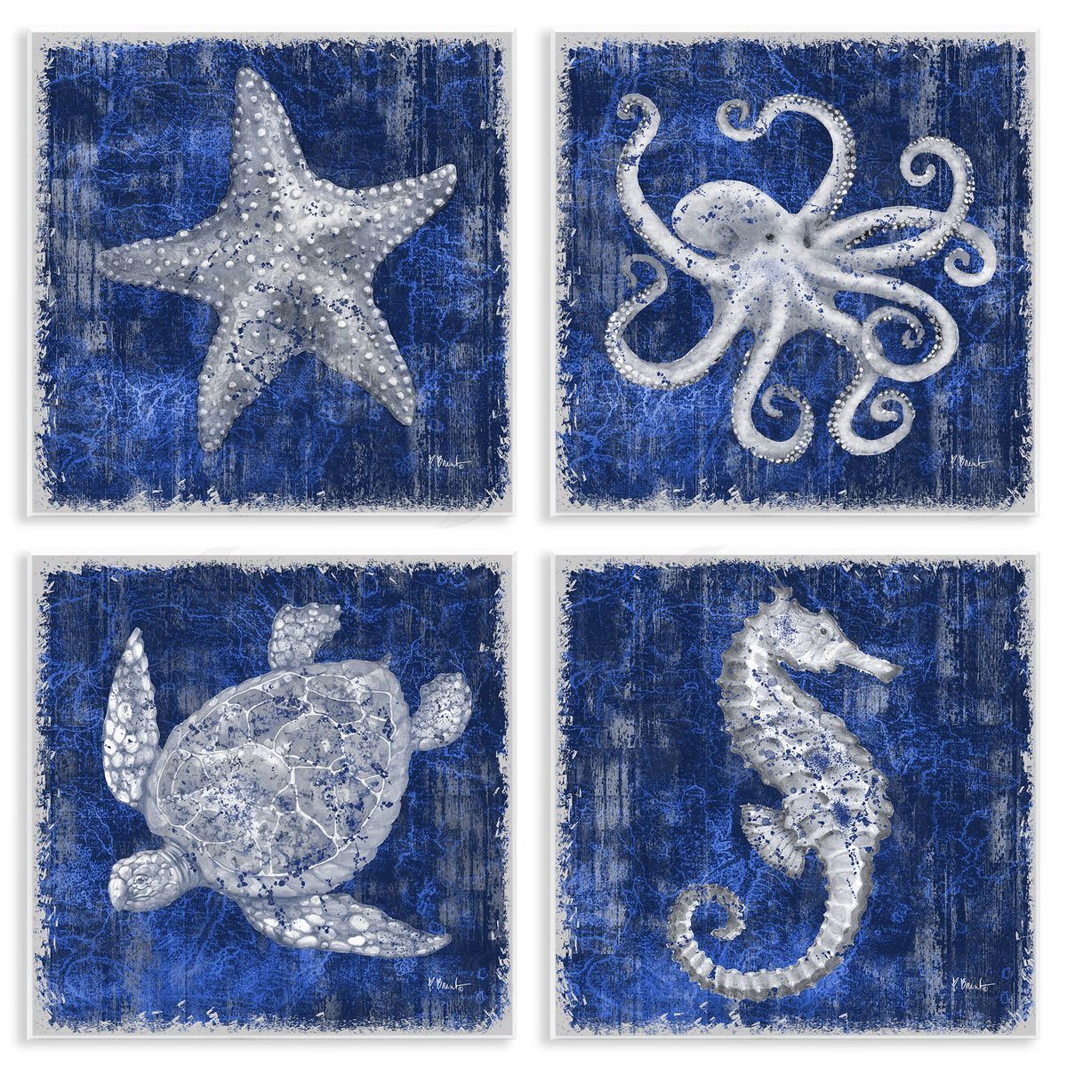 Sea Life on Abstract Blue Wood Plaque Wall Art, Home Decor by Paul Brent