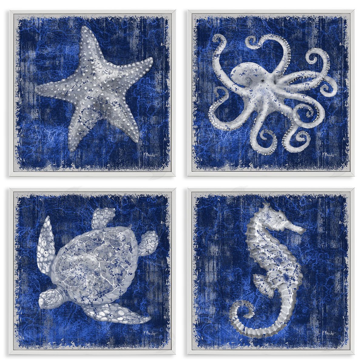 Sea Life on Abstract Blue White Frame Print Wall Art, Home Decor by Paul Brent