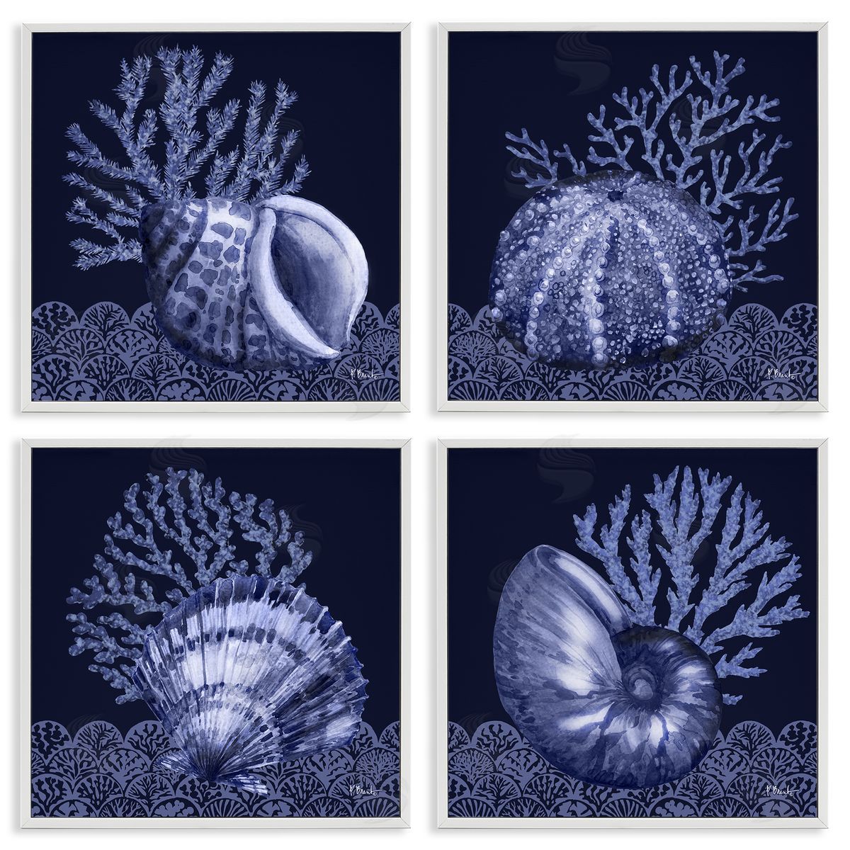 Indigo Nautical Seashells White Frame Print Wall Art, Home Decor by Paul Brent