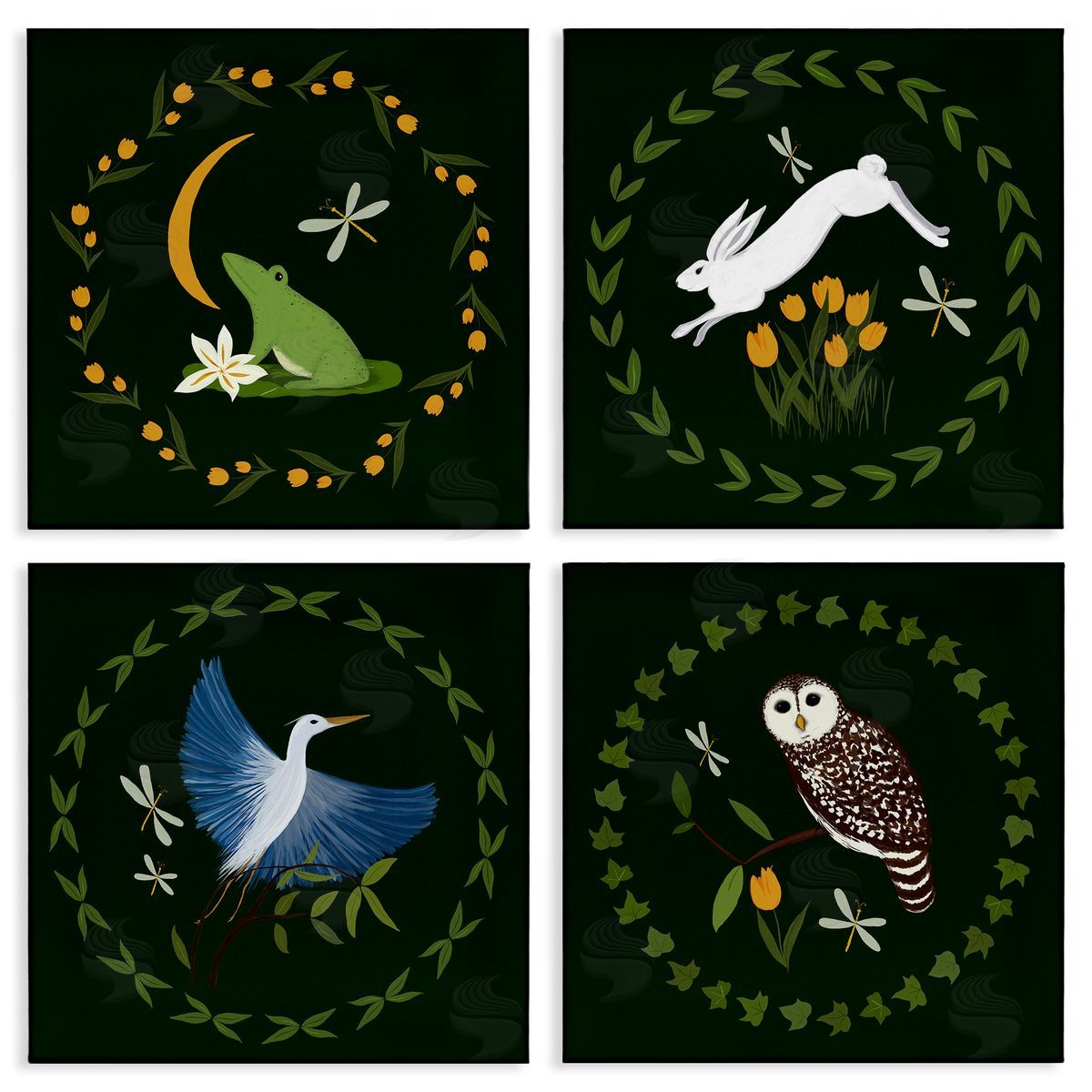 Animals with Circular Wreaths Canvas Wall Art, Home Decor by Michelle Ingari Designs
