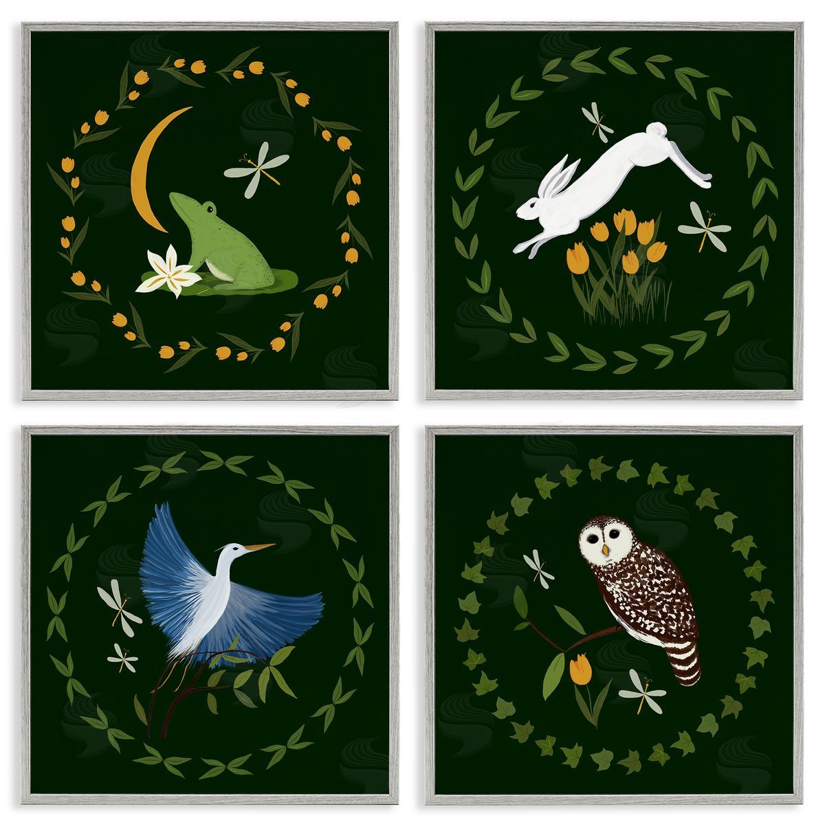 Animals with Circular Wreaths Grey Frame Print Wall Art, Home Decor by Michelle Ingari Designs