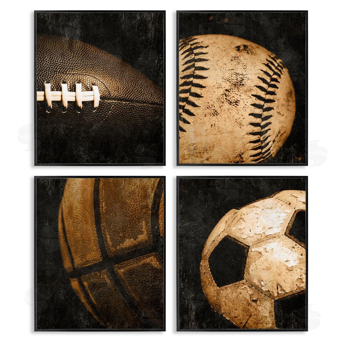 Distressed Vintage Sports Balls Black Frame Print Wall Art, Home Decor by Kim Allen