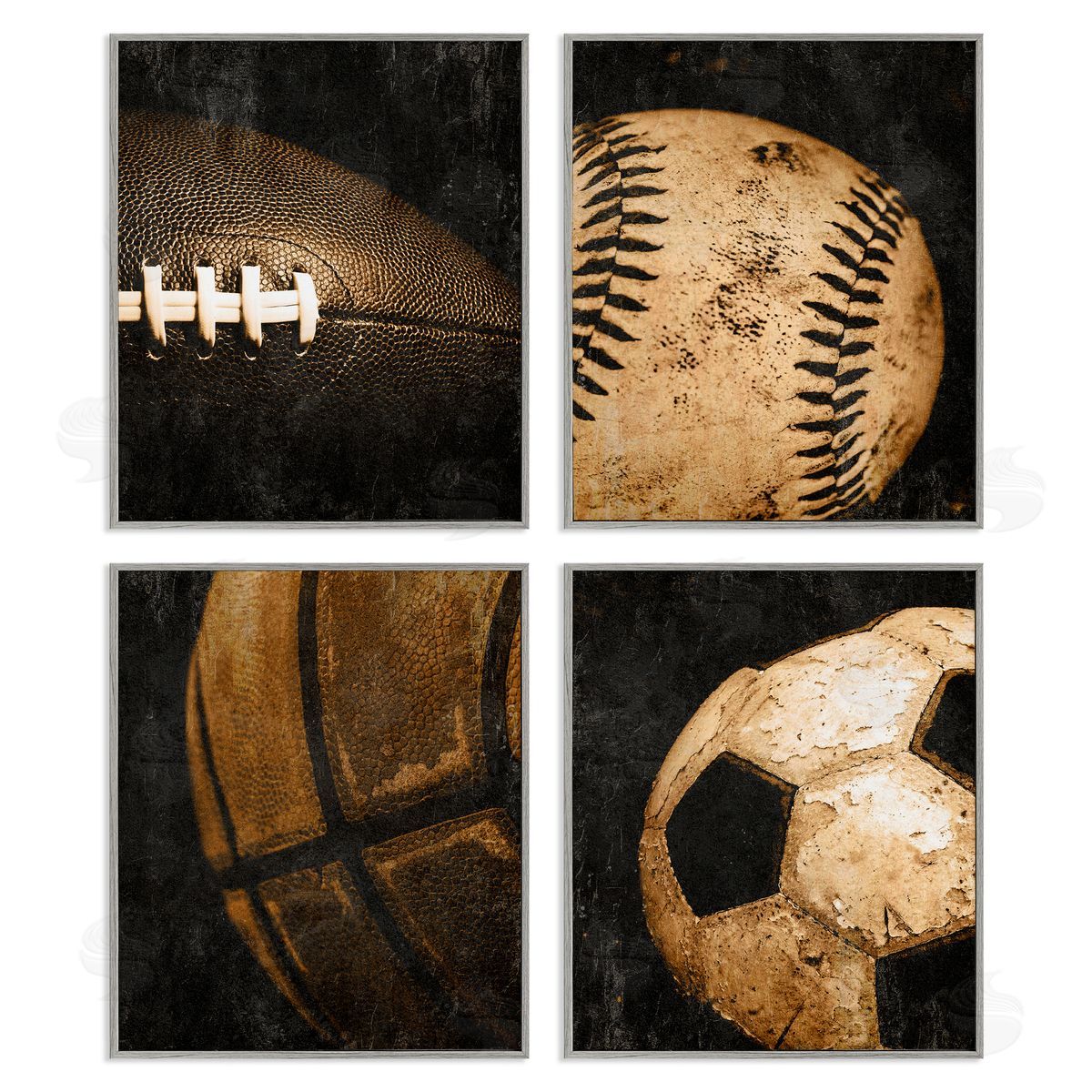 Distressed Vintage Sports Balls Grey Frame Print Wall Art, Home Decor by Kim Allen