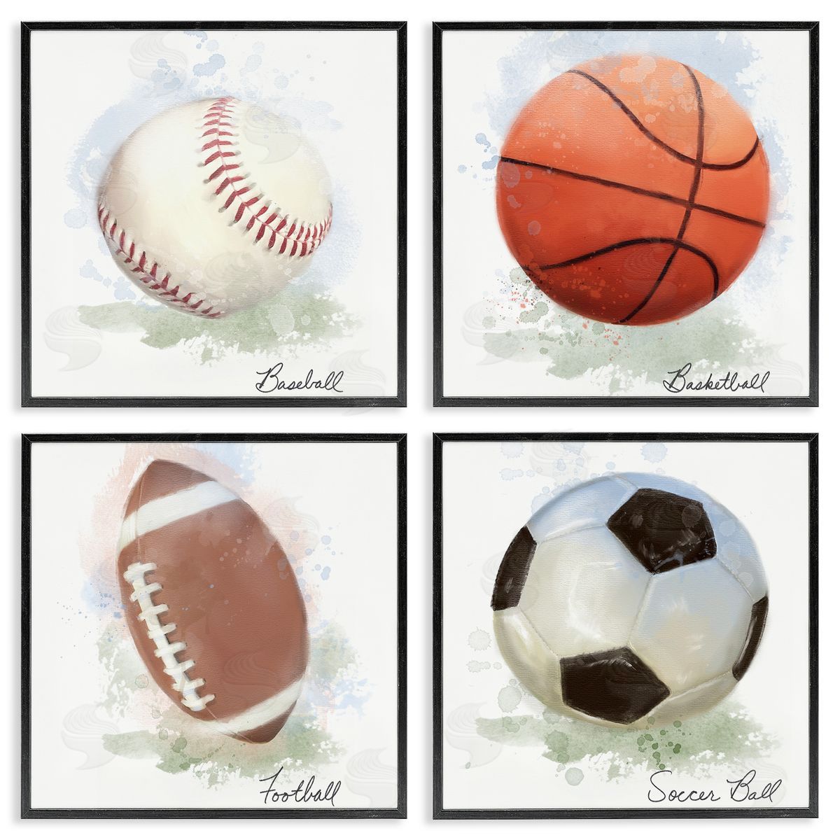 Soft Pastel Sports Balls Black Frame Print Wall Art, Home Decor by Matthew Piotrowicz