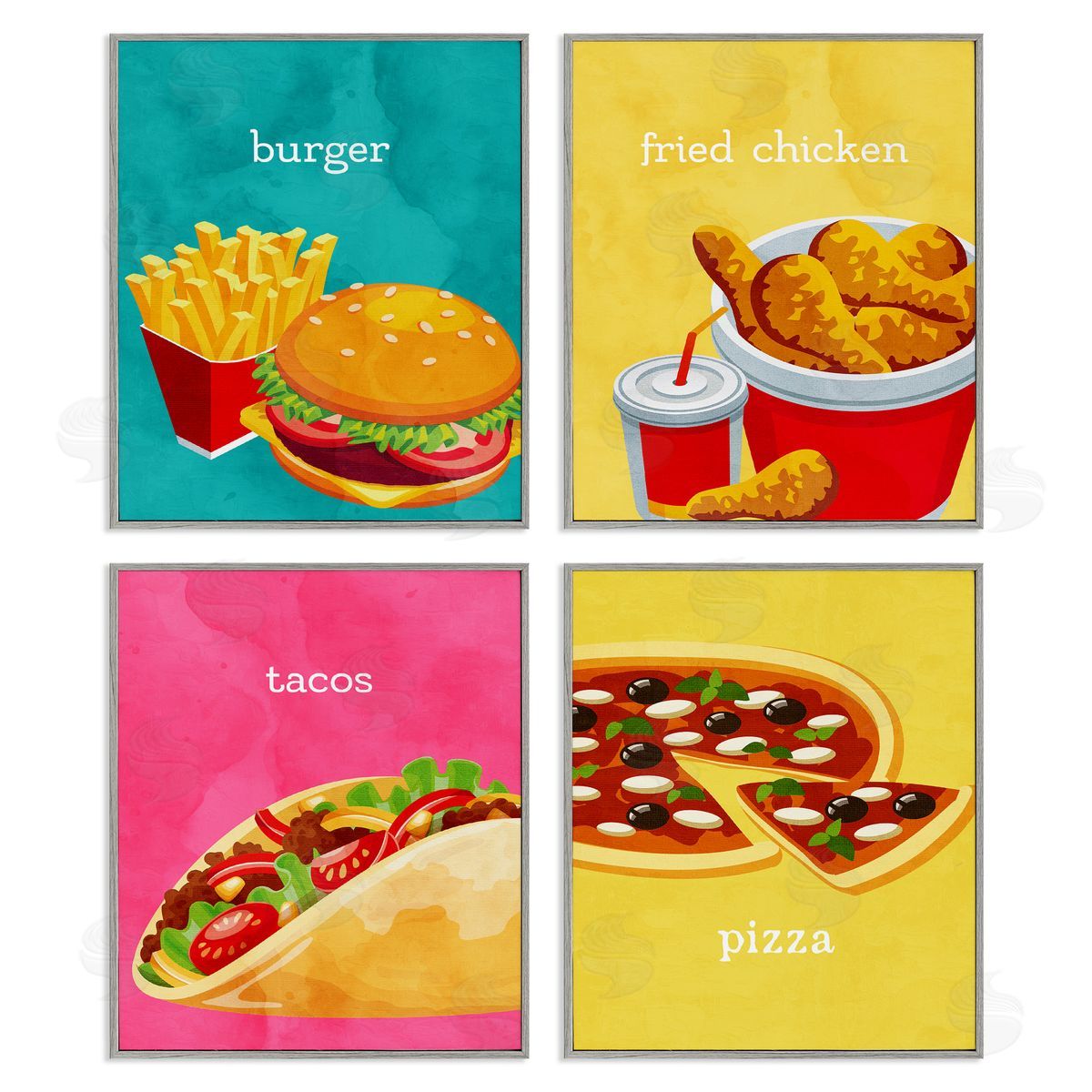 Delicious Fast Food Meals Grey Frame Print Wall Art, Home Decor by Kim Allen
