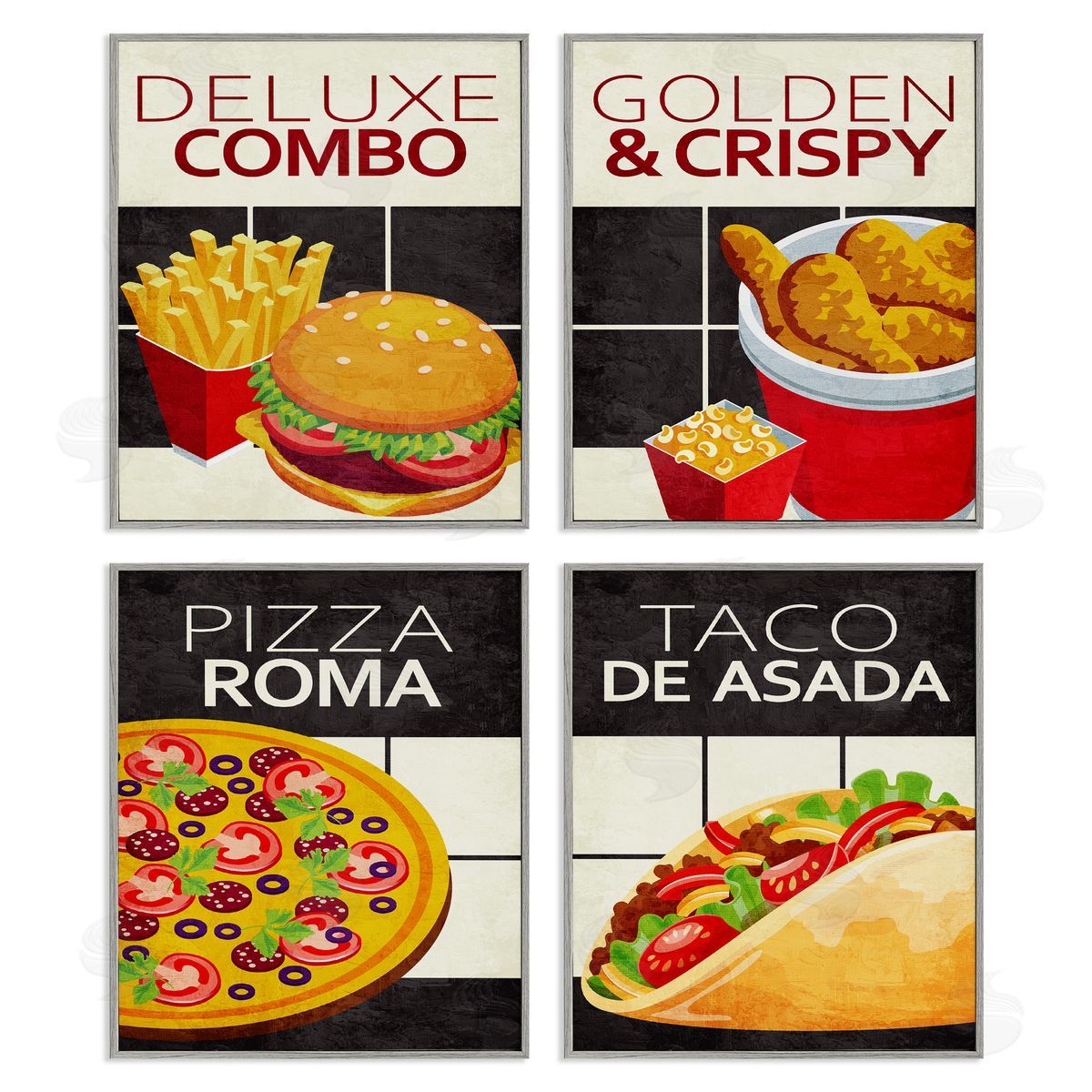 Fast Food American Cuisine Grey Frame Print Wall Art, Home Decor by Kim Allen