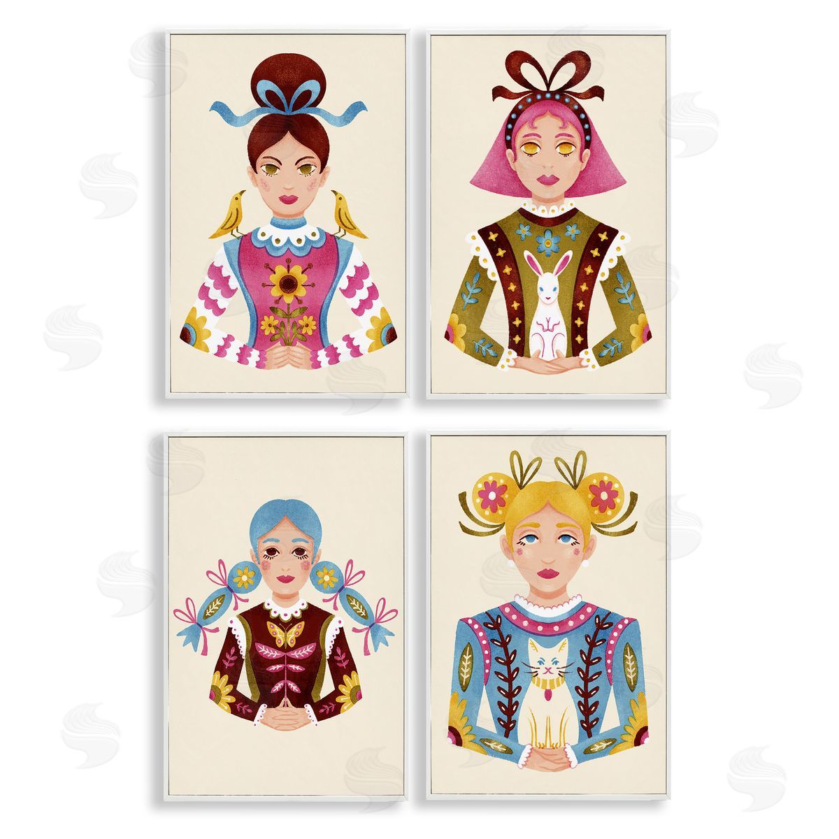 Floral Folk Women Portraits White Frame Print Wall Art, Home Decor by Hannah Moren